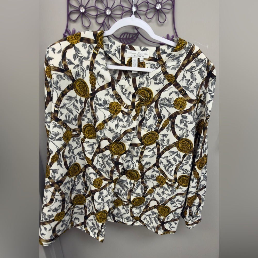 Laura & Jayne Two Collection Blouse 22W Cream Gold Equestrian Scarf‎ Print Top